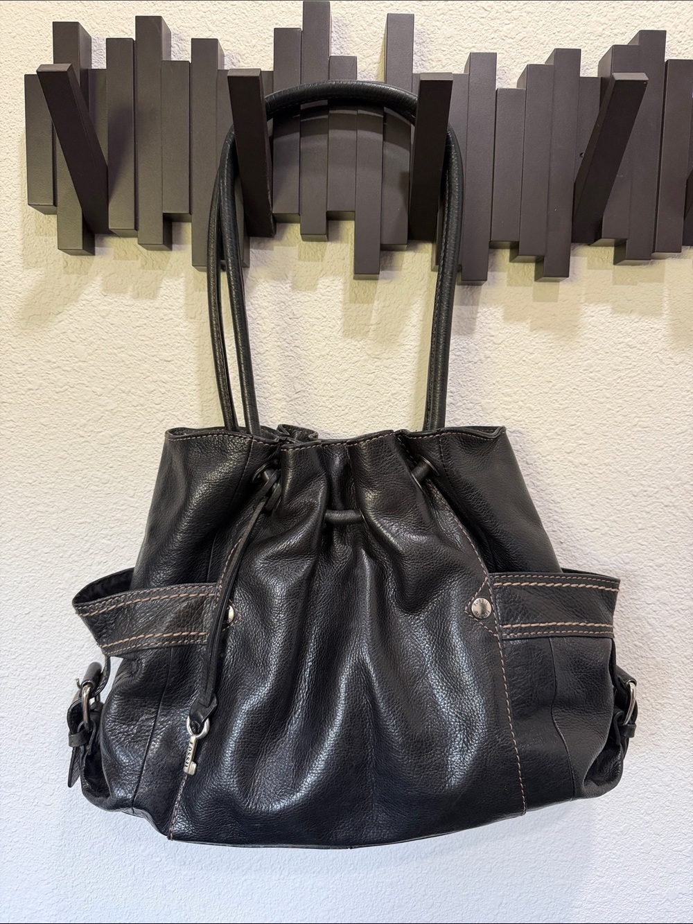 Vintage Fossil Black Leather Drawstring bucket Bag